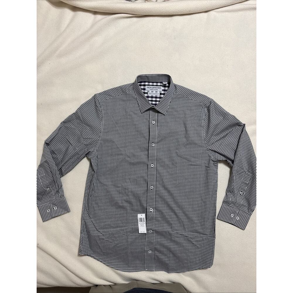 Nick Graham Dress Shirt Men's L 16-16.5 32/33 Black Gingham Stretch Modern Fit
